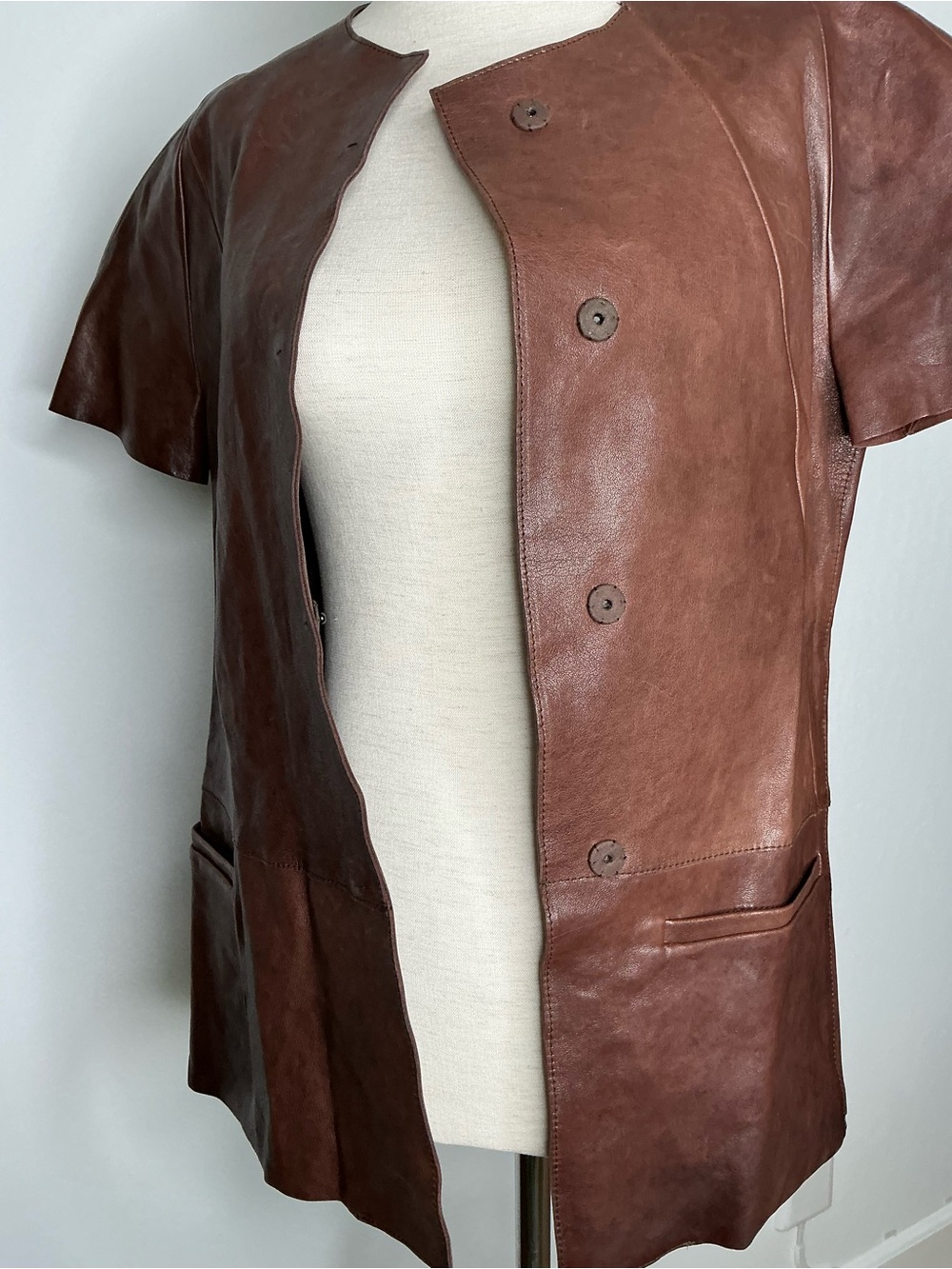 MARNI Brown Lamb Leather Short-Sleeve Jacket Asymmetrical Snap Buttons Size 38 - Picture 9 of 15